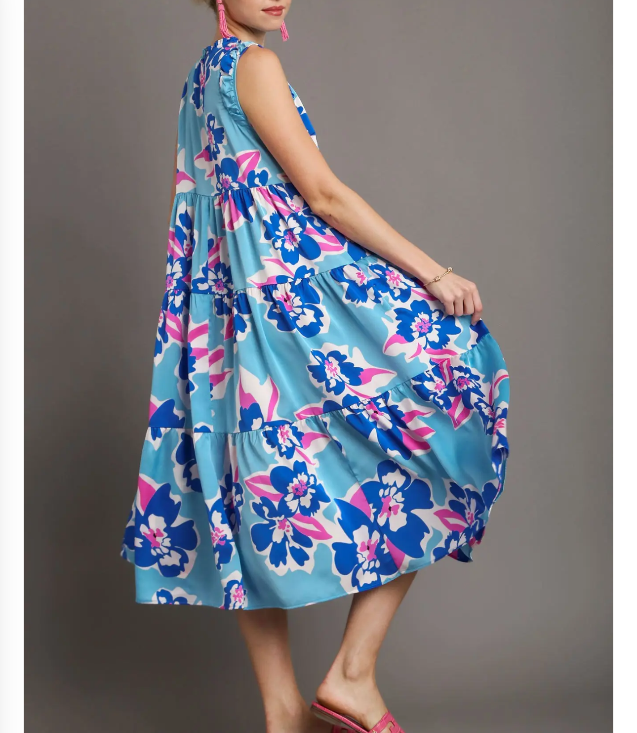 Umgee Spring Printed T-Length Dress in Royal Blue and Aqua Blue