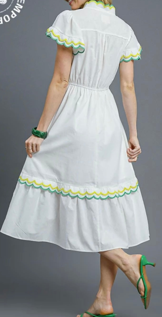 Umgee©️ White Midi-Dress with Yellow and Green Embroidered Border