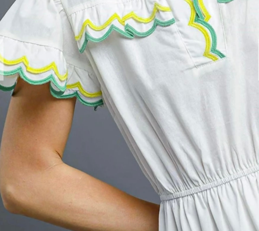 Umgee©️ White Midi-Dress with Yellow and Green Embroidered Border
