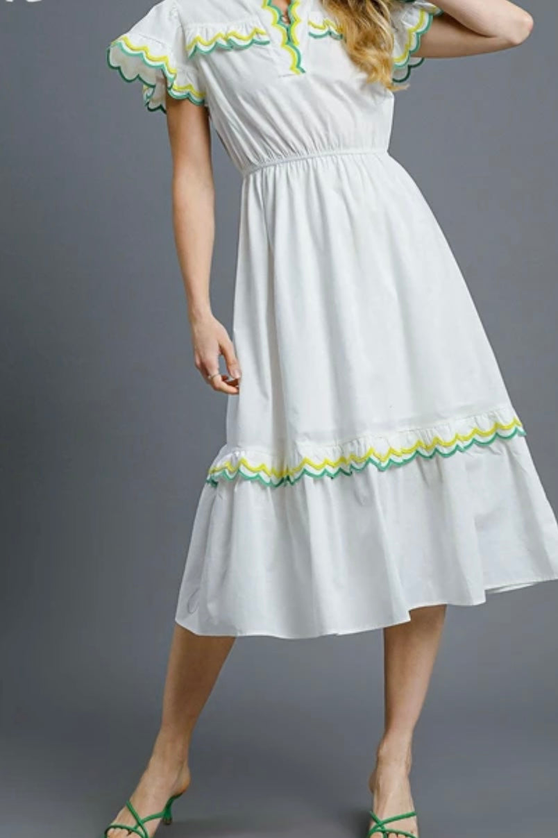 Umgee©️ White Midi-Dress with Yellow and Green Embroidered Border