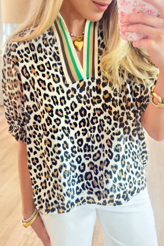 Leopard Blouse with Accented V-Neck