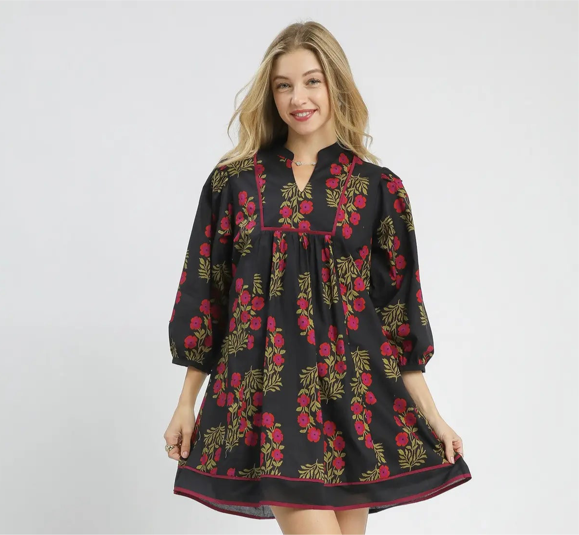 Black 3/4 Sleeve Dress with Flowers