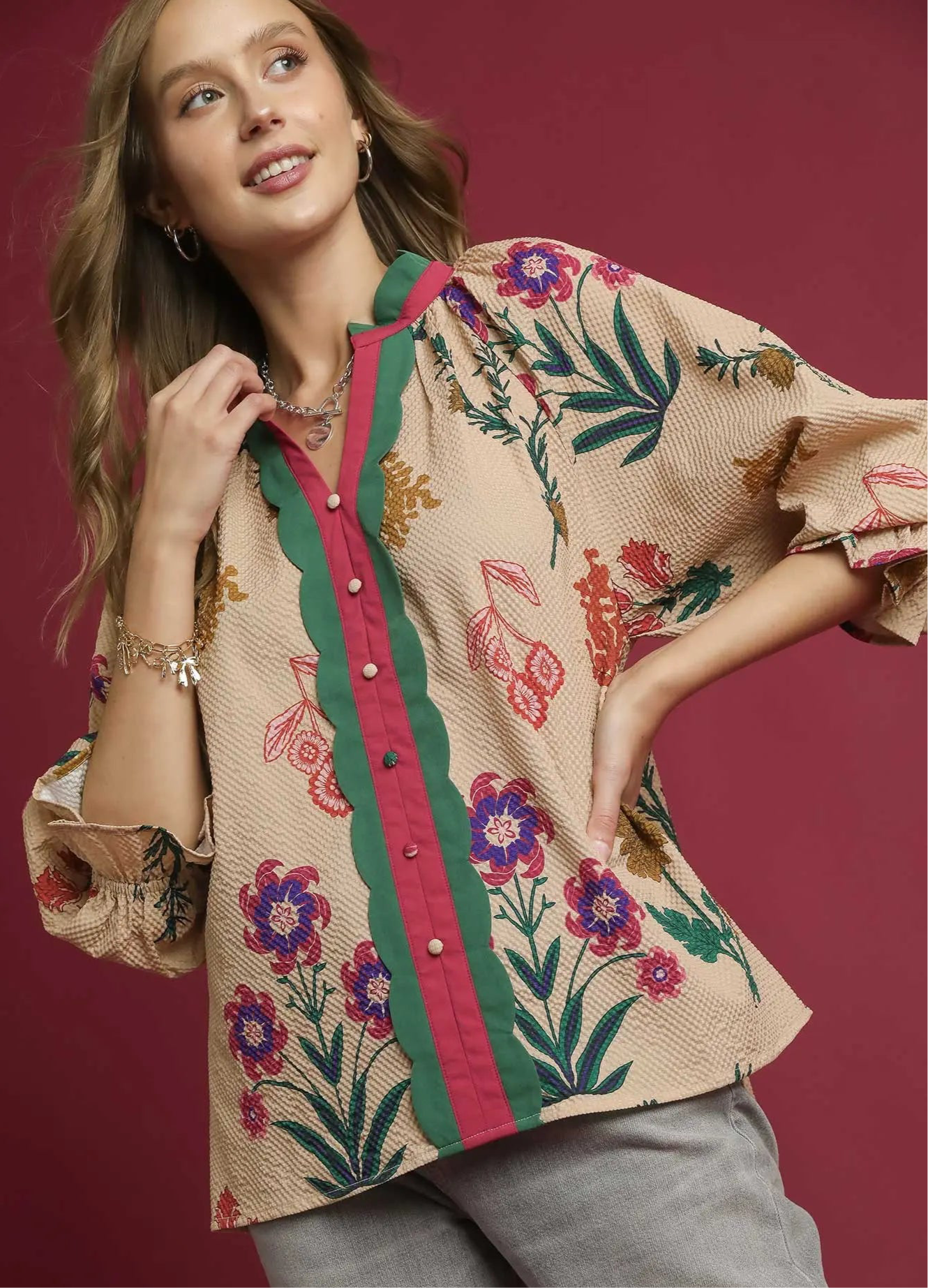 Intro to Fall Blouse, Tan, 3/4 Sleeve