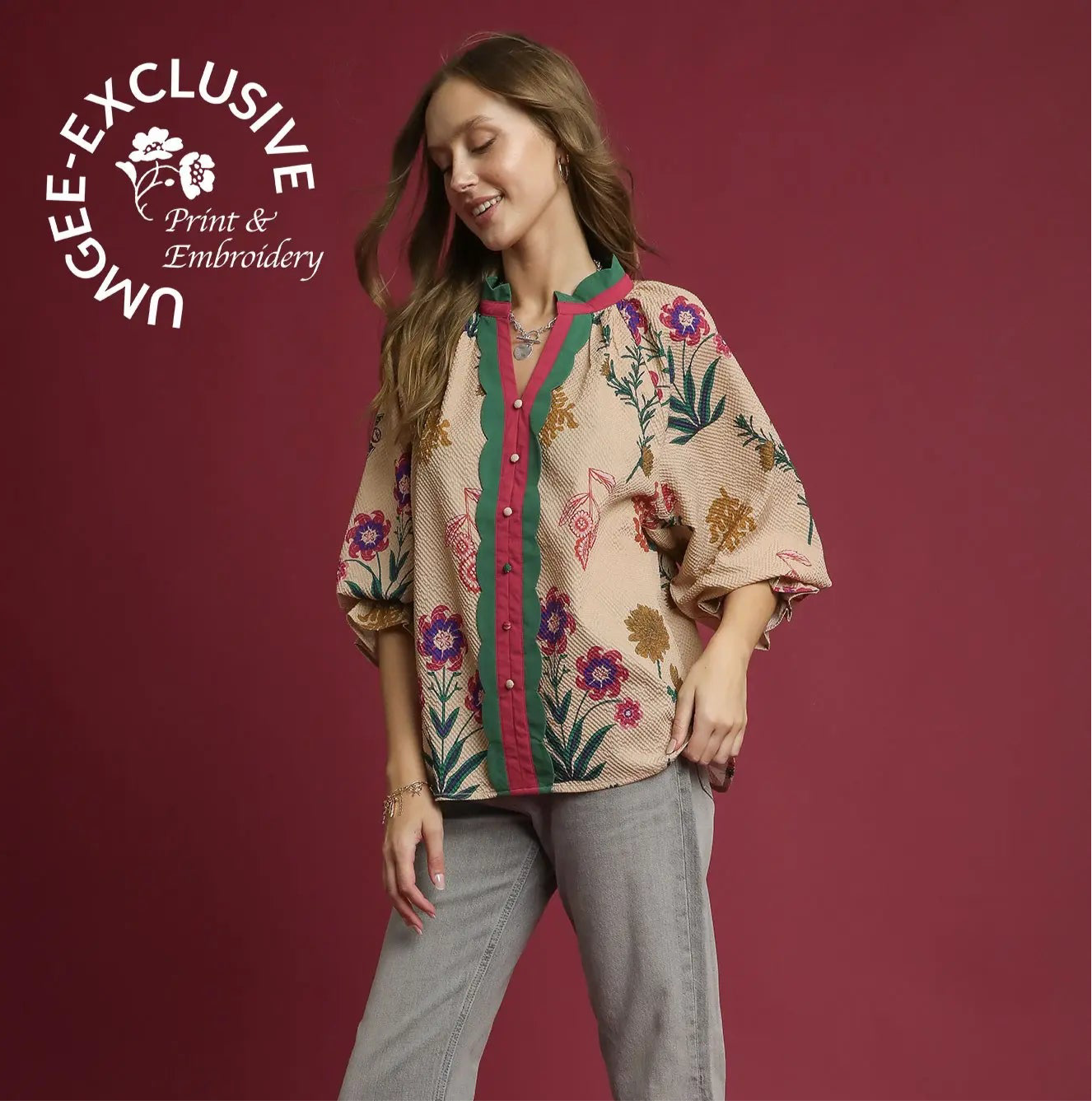 Intro to Fall Blouse, Tan, 3/4 Sleeve
