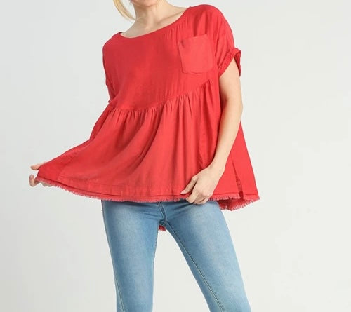Umgee©️ Oversized Shirt with Pocket and Frayed Hem
