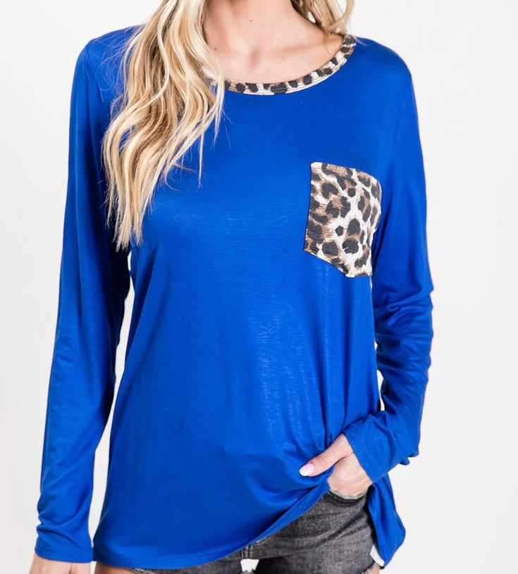 Royal Blue Long Sleeve Shirt with Leopard Pocket and Trim