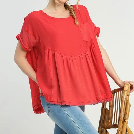 Umgee©️ Oversized Shirt with Pocket and Frayed Hem