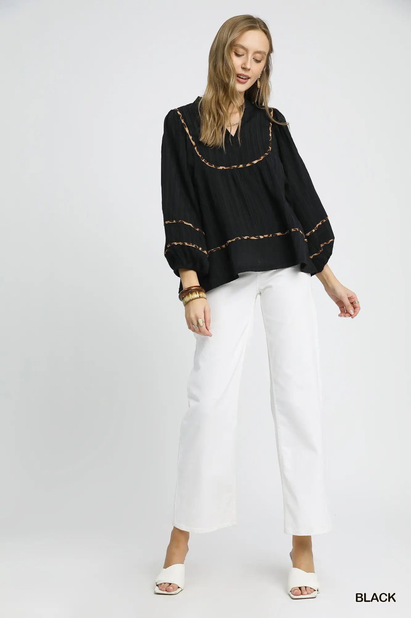 Black Blouse with Leopard Print Accents, 3/4 Sleeves