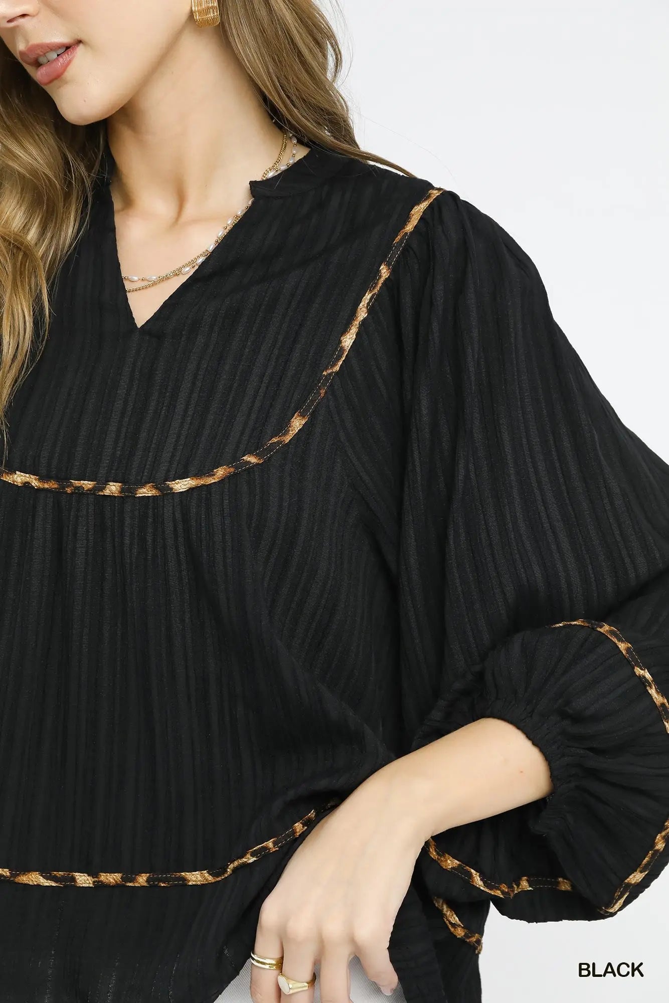 Black Blouse with Leopard Print Accents, 3/4 Sleeves
