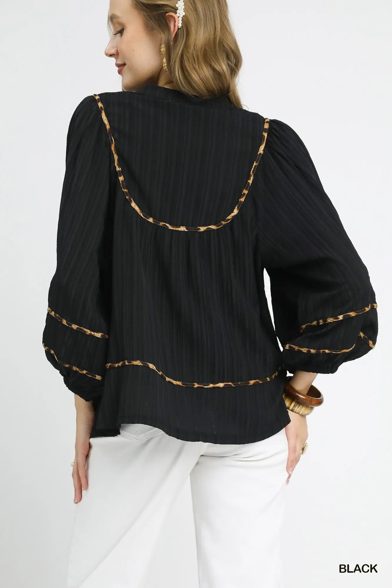 Black Blouse with Leopard Print Accents, 3/4 Sleeves