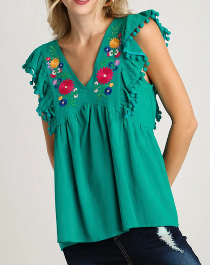 Umgee Embroidered Floral Blouse in Green and Black