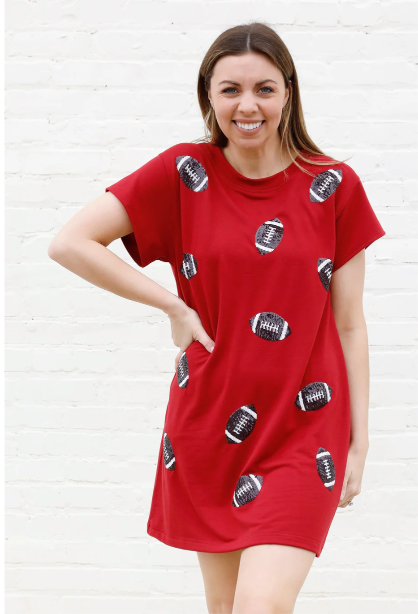 Mary Square©️ Game Day Red Dress w/Black Sequin Football