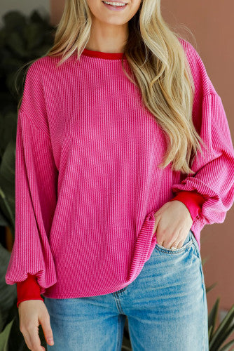Pink Corded Shirt with Red Trim