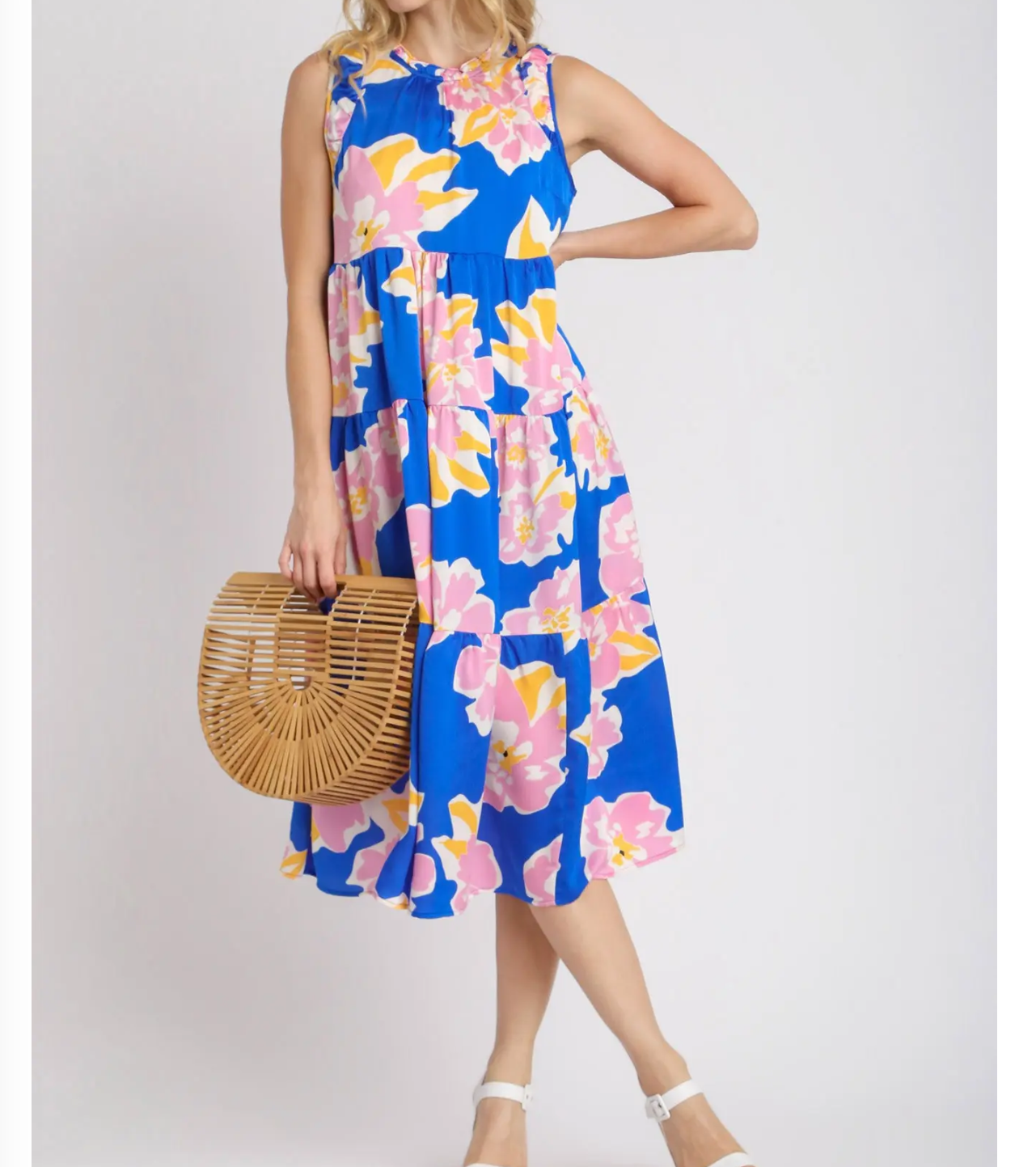 Umgee Spring Printed T-Length Dress in Royal Blue and Aqua Blue