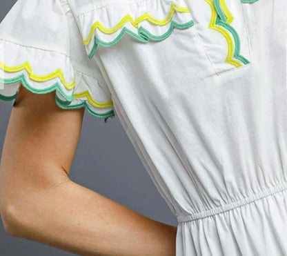 Umgee©️ White Midi-Dress with Yellow and Green Embroidered Border