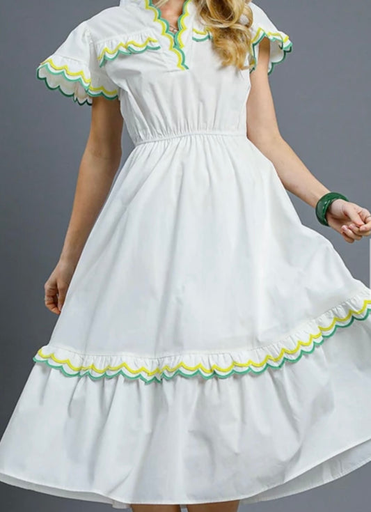 Umgee©️ White Midi-Dress with Yellow and Green Embroidered Border