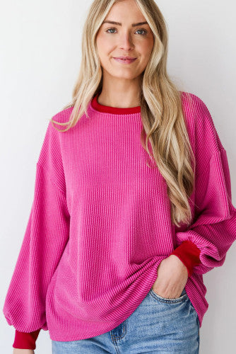 Pink Corded Shirt with Red Trim