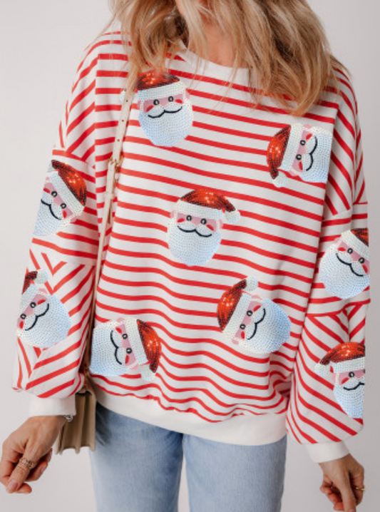 Christmas—Sequined Santa Striped Sweatshirt