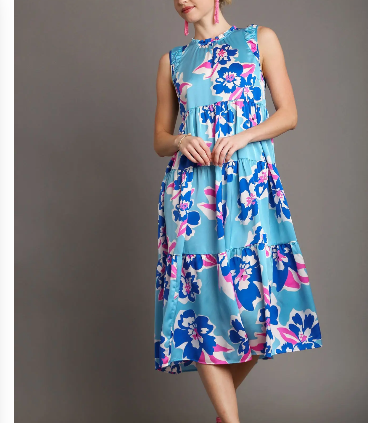 Umgee Spring Printed T-Length Dress in Royal Blue and Aqua Blue