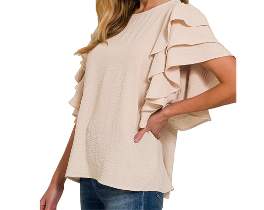 Zenana©️ Beige Airflow Blouse with Tiered-Ruffle Sleeves