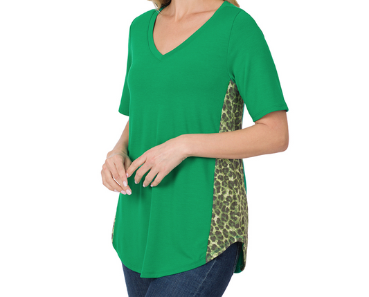 Zenana©️ Green Shirt with Leopard Side Panel