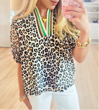 Leopard Blouse with Accented V-Neck