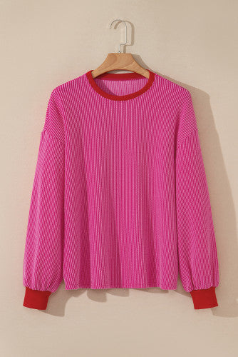 Pink Corded Shirt with Red Trim