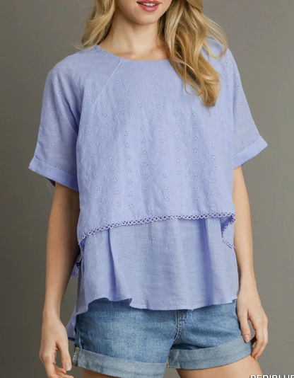 Umgee Eyelet Blouse in Periwinkle and White