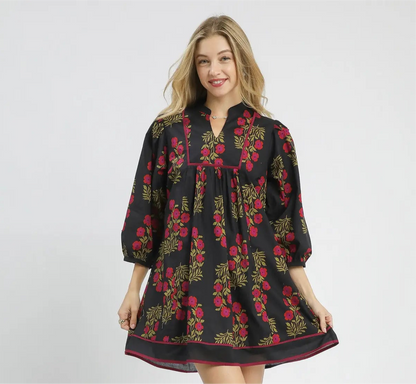 Black 3/4 Sleeve Dress with Flowers