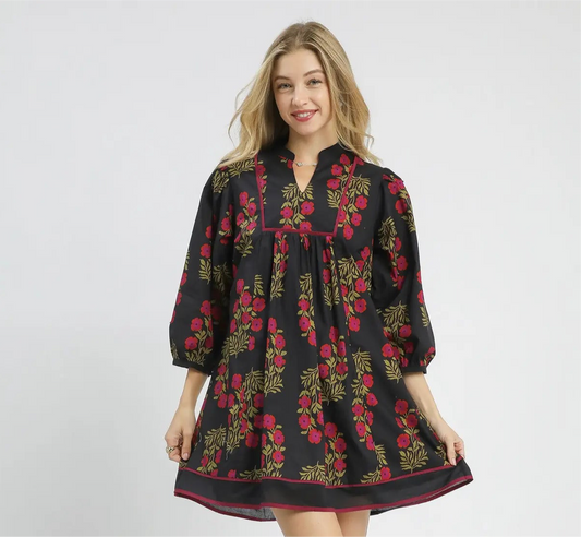 Black 3/4 Sleeve Dress with Flowers