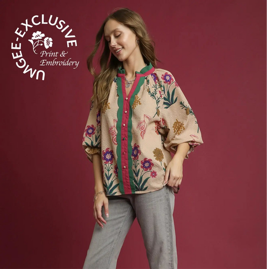 Intro to Fall Blouse, Tan, 3/4 Sleeve