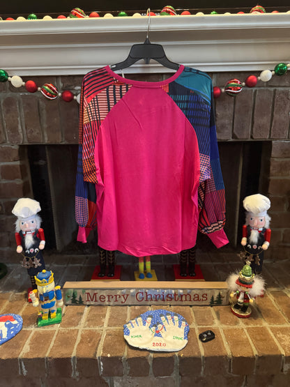 Umgee Magenta T-Shirt w/Patterned Sleeve