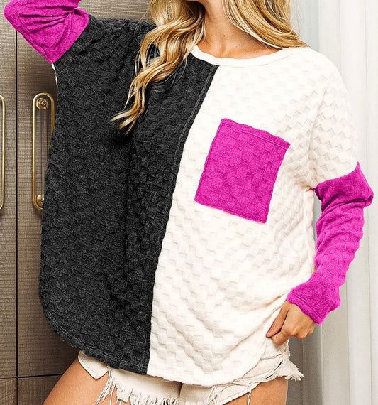 Black, White, and Pink Long-Sleeve Checkered Pattern Shirt