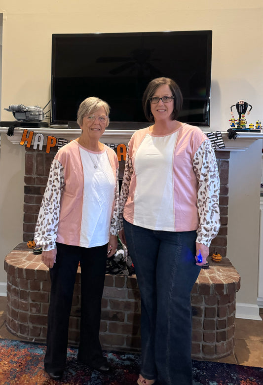 Pink Color Block Long Sleeve Shirt with Leopard Print Sleeve