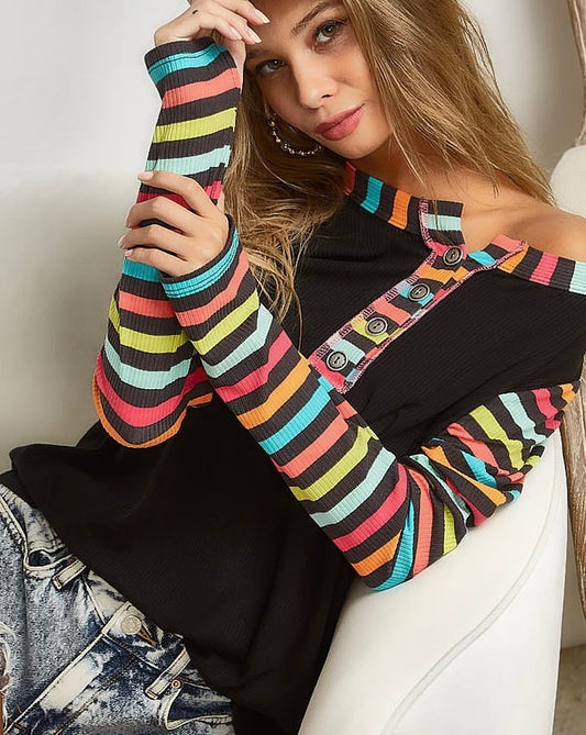 Black Ribbed Short with Striped Long Sleeves