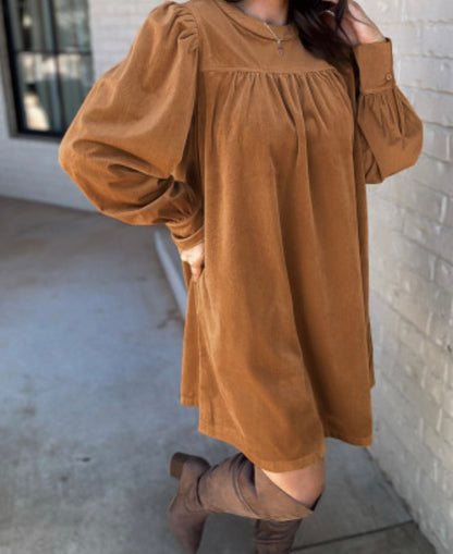 Camel Corduroy Long Sleeve Dress