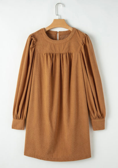 Camel Corduroy Long Sleeve Dress