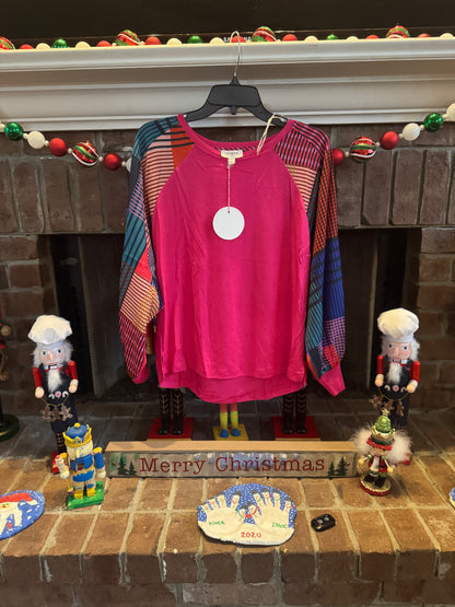 Umgee Magenta T-Shirt w/Patterned Sleeve