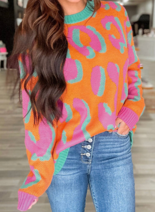 Orange-Animal Print Sweater