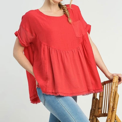 Umgee©️ Oversized Shirt with Pocket and Frayed Hem