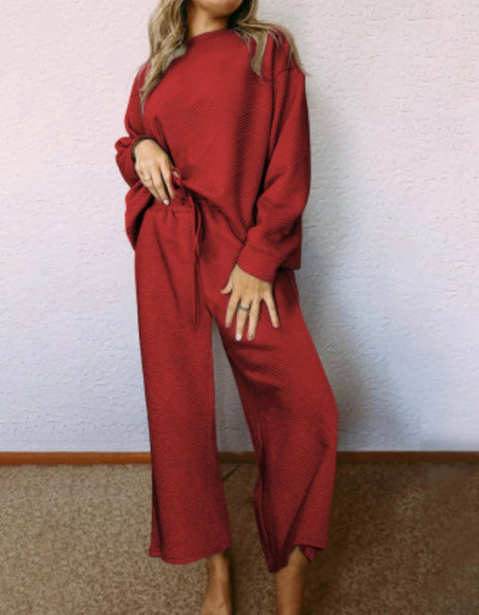 2-Piece Set-Long Sleeve Textured-Red Wine