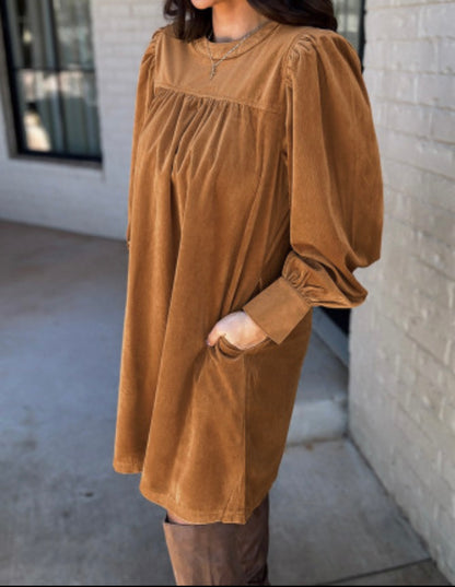 Camel Corduroy Long Sleeve Dress