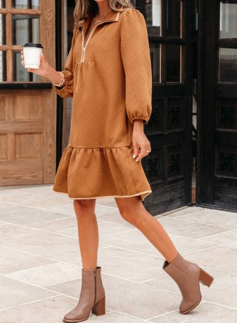 Camel Textured Dress with Khaki Detail