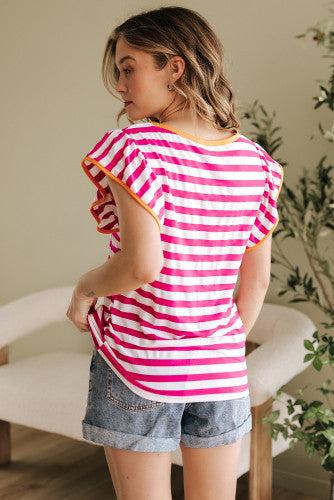 Rose and White Striped Shirt with Orange Trim