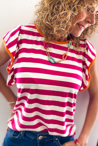 Rose and White Striped Shirt with Orange Trim
