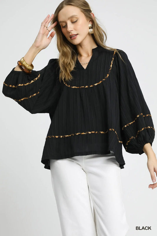Black Blouse with Leopard Print Accents, 3/4 Sleeves