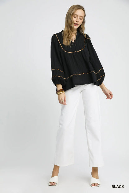 Black Blouse with Leopard Print Accents, 3/4 Sleeves