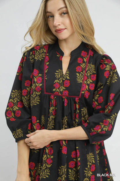 Black 3/4 Sleeve Dress with Flowers