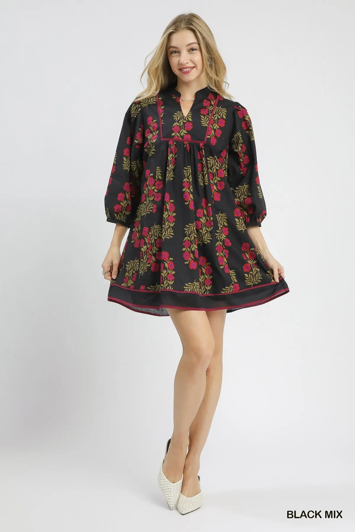 Black 3/4 Sleeve Dress with Flowers