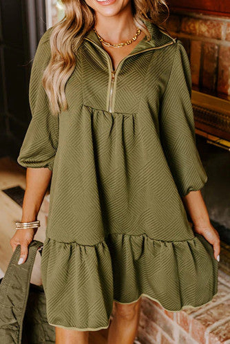 Olive Green Textured Dress with Khaki Detail